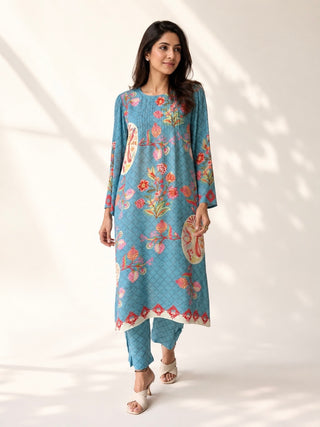 Bulbul Vintage Blue  Crepe Kurta + Pant Set