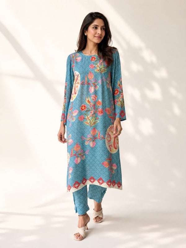 Bulbul Vintage Blue  Crepe Kurta + Pant Set