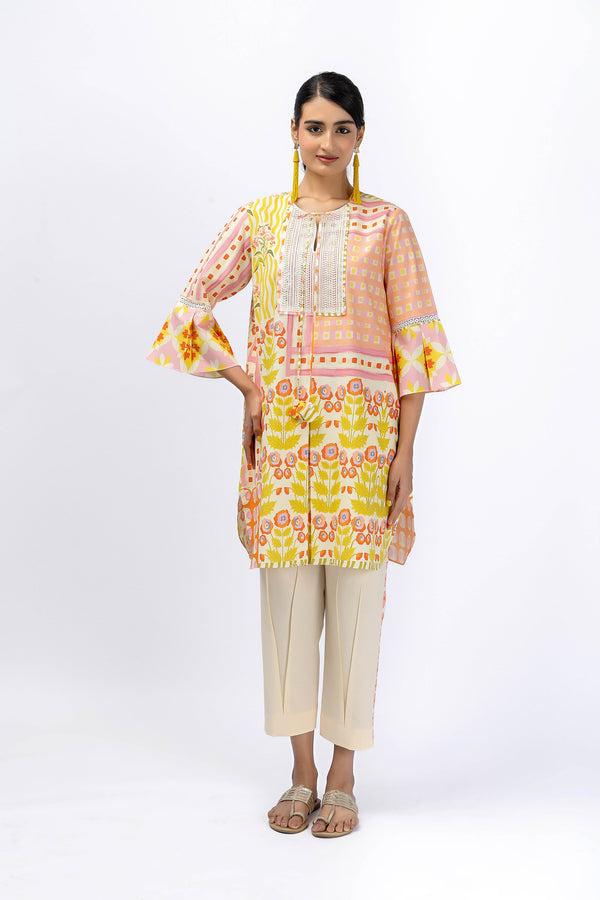 Lace yoke floral shirt + pleat pant set