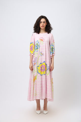 Pintuck Doodle Flare Sleeve Crepe Maxi