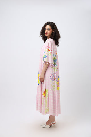 Pintuck Doodle Flare Sleeve Crepe Maxi