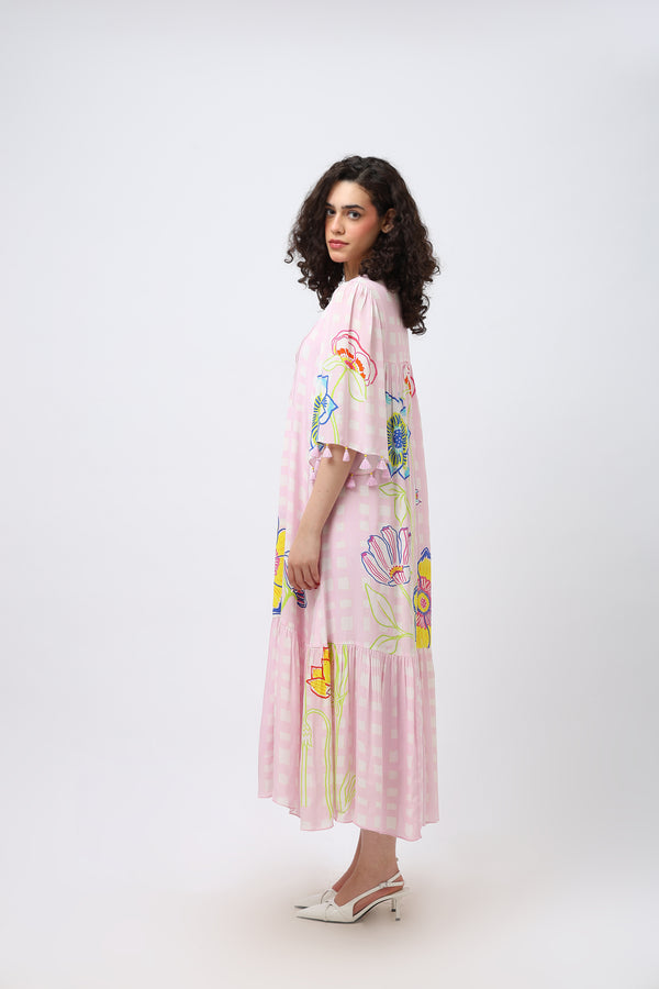 Pintuck Doodle Flare Sleeve Crepe Maxi