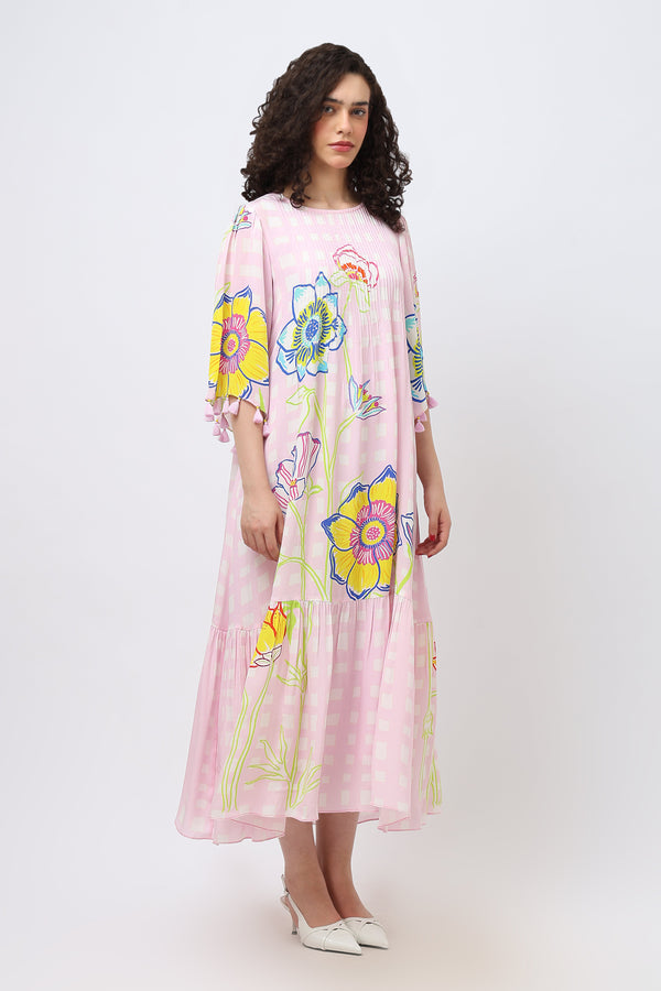 Pintuck Doodle Flare Sleeve Crepe Maxi