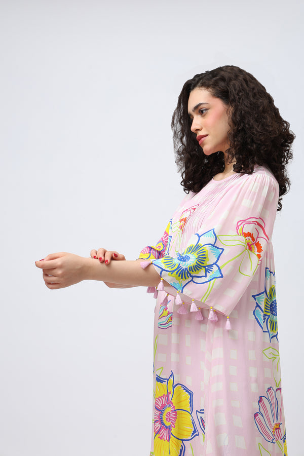 Pintuck Doodle Flare Sleeve Crepe Maxi