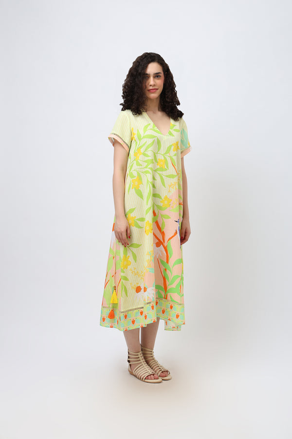 Midi tropical bird dress in cotton