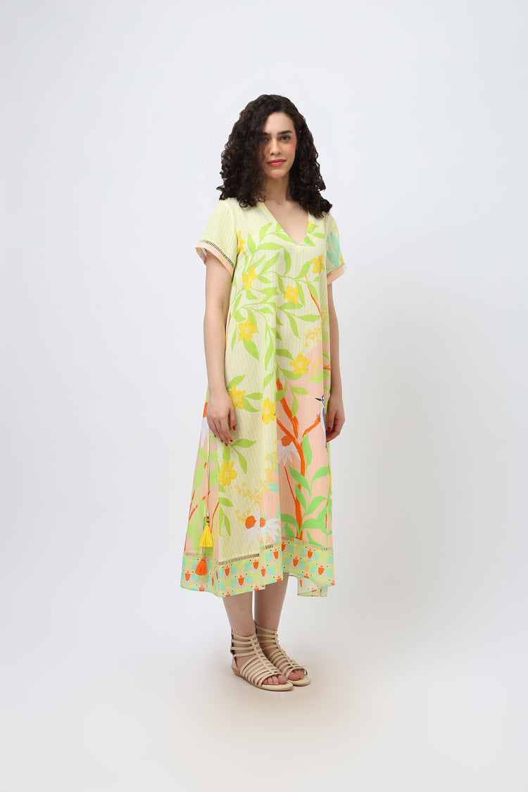 Midi tropical bird dress in cotton