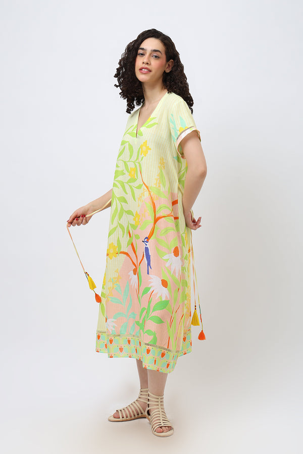 Midi tropical bird dress in cotton