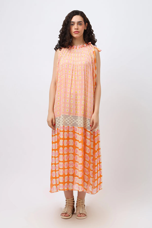 Georgette maxi gather pastel print dress.