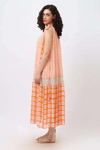 Georgette maxi gather pastel print dress.
