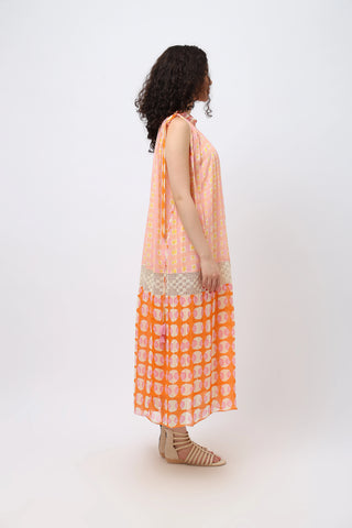 Georgette maxi gather pastel print dress.