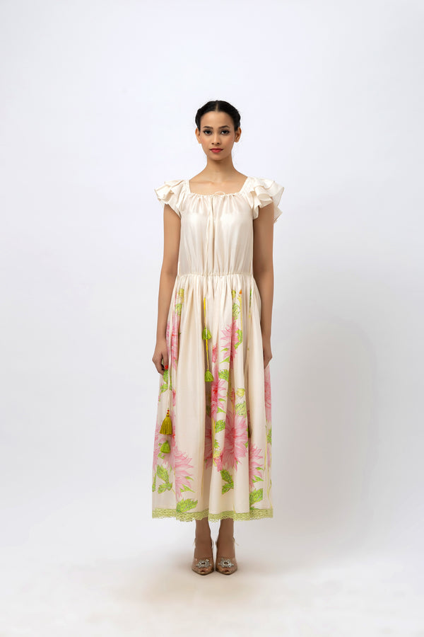 Hand-Painted Rose Off-Shoulder Maxi
