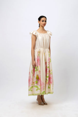 Hand-Painted Rose Off-Shoulder Maxi
