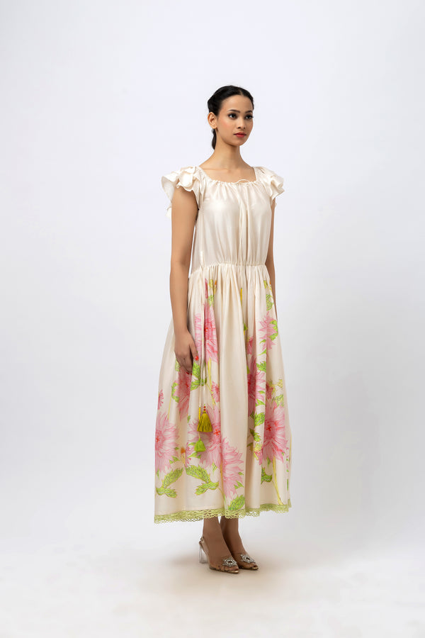 Hand-Painted Rose Off-Shoulder Maxi