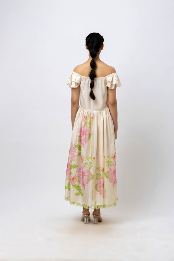 Hand-Painted Rose Off-Shoulder Maxi