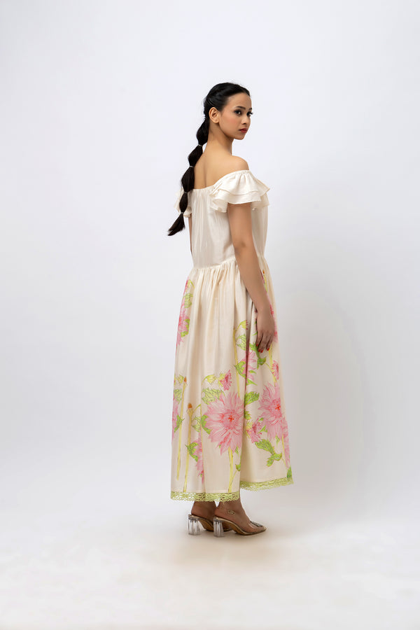 Hand-Painted Rose Off-Shoulder Maxi