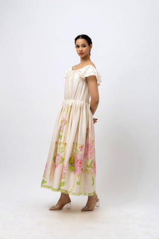 Hand-Painted Rose Off-Shoulder Maxi