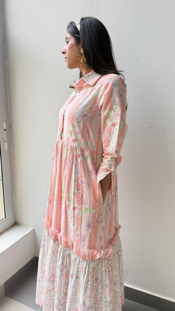 Great Fit -Cherry Blossom print on a maxi cotton frill dress.