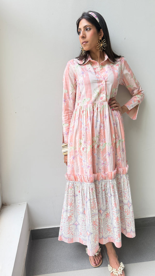 Great Fit -Cherry Blossom print on a maxi cotton frill dress.