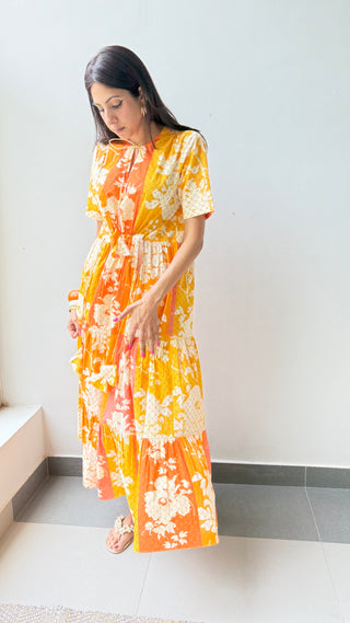 Great Fit -Print Imprint waist tie detail maxi tiered dress.