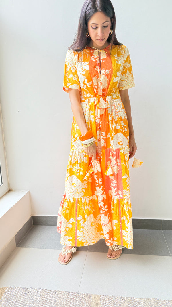 Great Fit -Print Imprint waist tie detail maxi tiered dress.