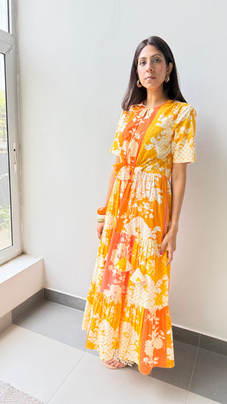 Great Fit -Print Imprint waist tie detail maxi tiered dress.