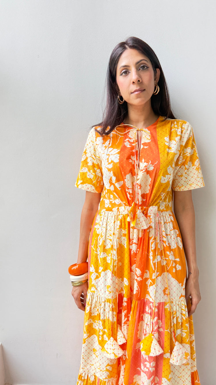 Great Fit -Print Imprint waist tie detail maxi tiered dress.