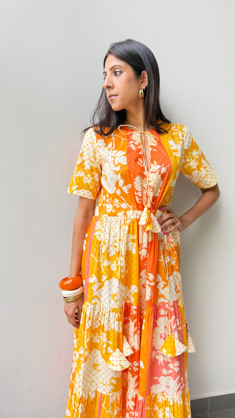 Great Fit -Print Imprint waist tie detail maxi tiered dress.
