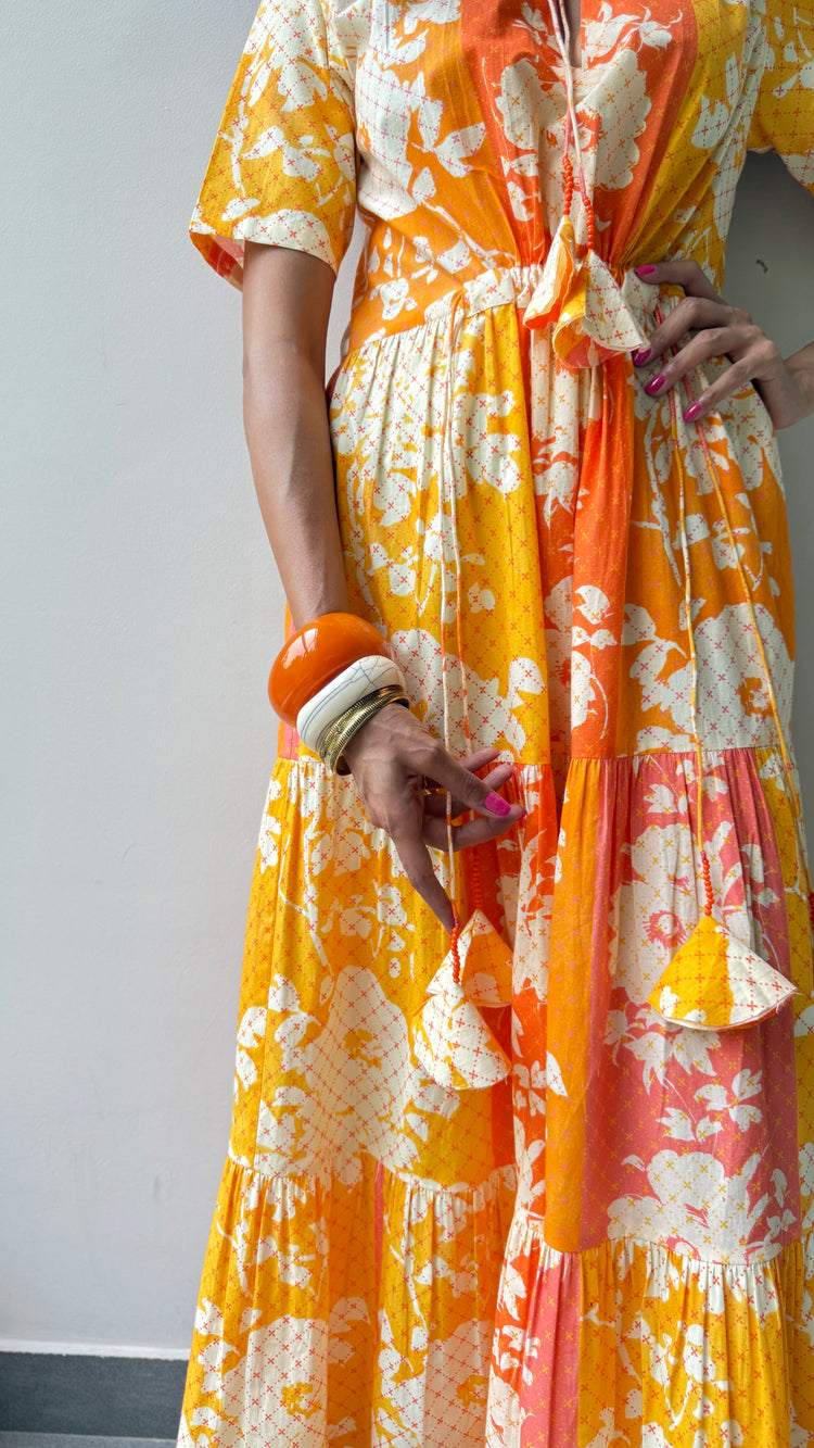 Great Fit -Print Imprint waist tie detail maxi tiered dress.